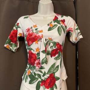 Floral V-Neck Tie-Front Top Cream with Red Roses